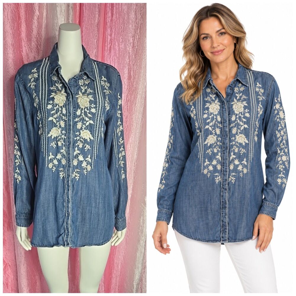 Driftwood Sandy Western Chambray Floral Embroidered Button-Up Shirt Size XL